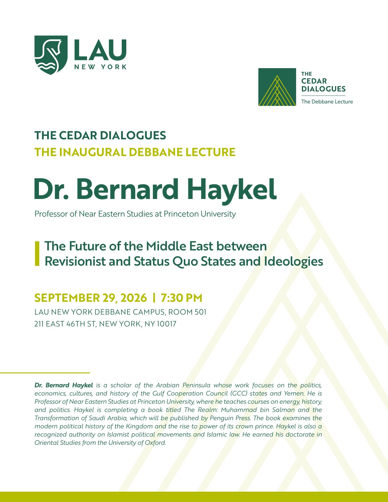 Poster for the Inaugural Debbane Lecture featuring Dr. Bernard Haykel